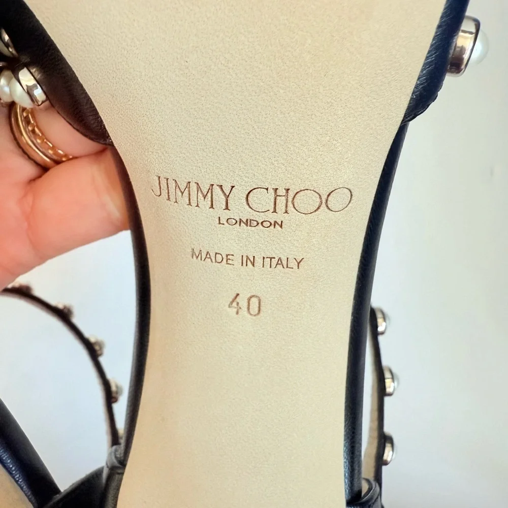 Jimmy Choo Black Nappa Leather Leema 85 pearls Mary Jane pumps EU 40